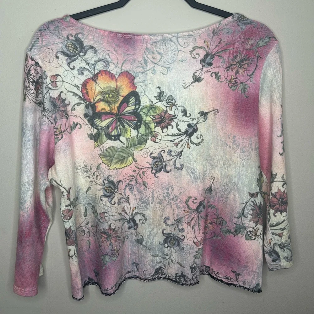 Vintage Y2K Butterfly Flower Rhinestone Bling 3/4 Sleeve Pink Notations Top L
